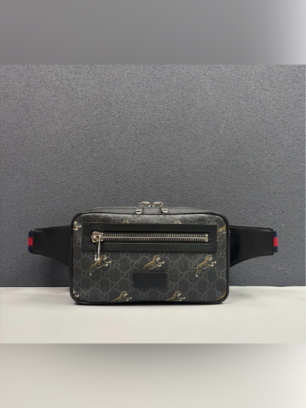 Gucci Black GG Supreme Tiger Print Belt Bag with Red-Blue Strap Accents